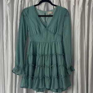 Altar'd State Teal Green Long-Sleeve Ruffle Tiered Mini Dress